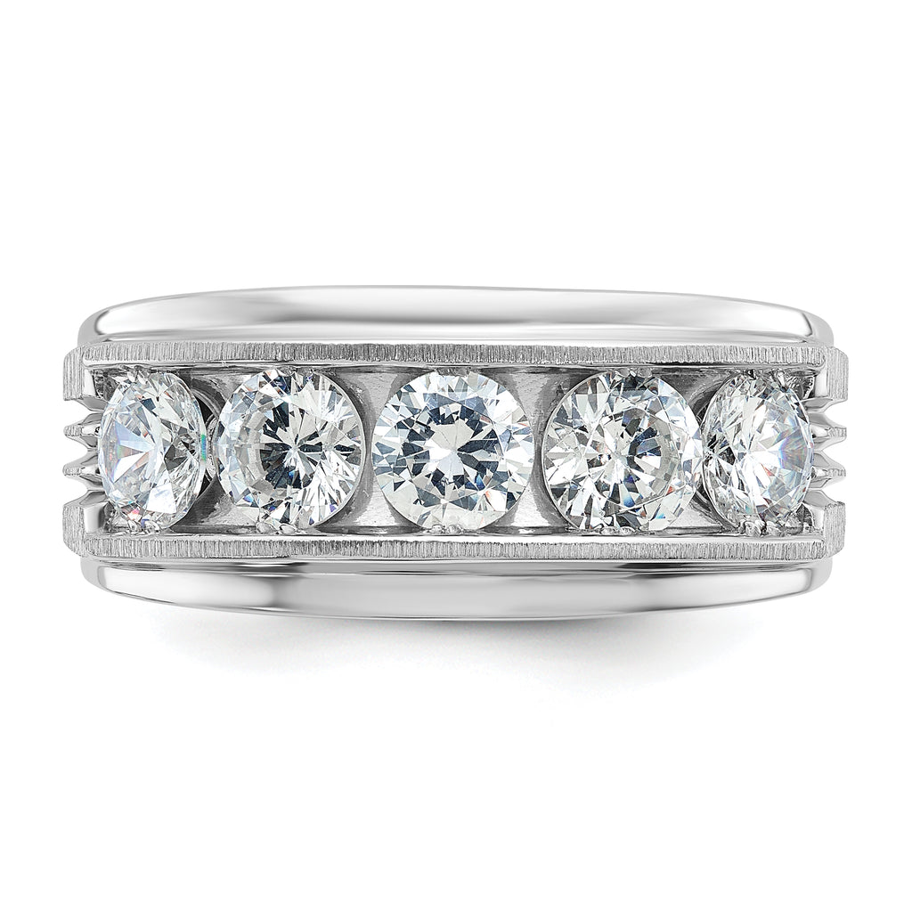 14k White Gold 2 carat Lab Grown Diamond VS/SI+ G+ Five Stone Complete Polished Satin and Grooved Men's Ring