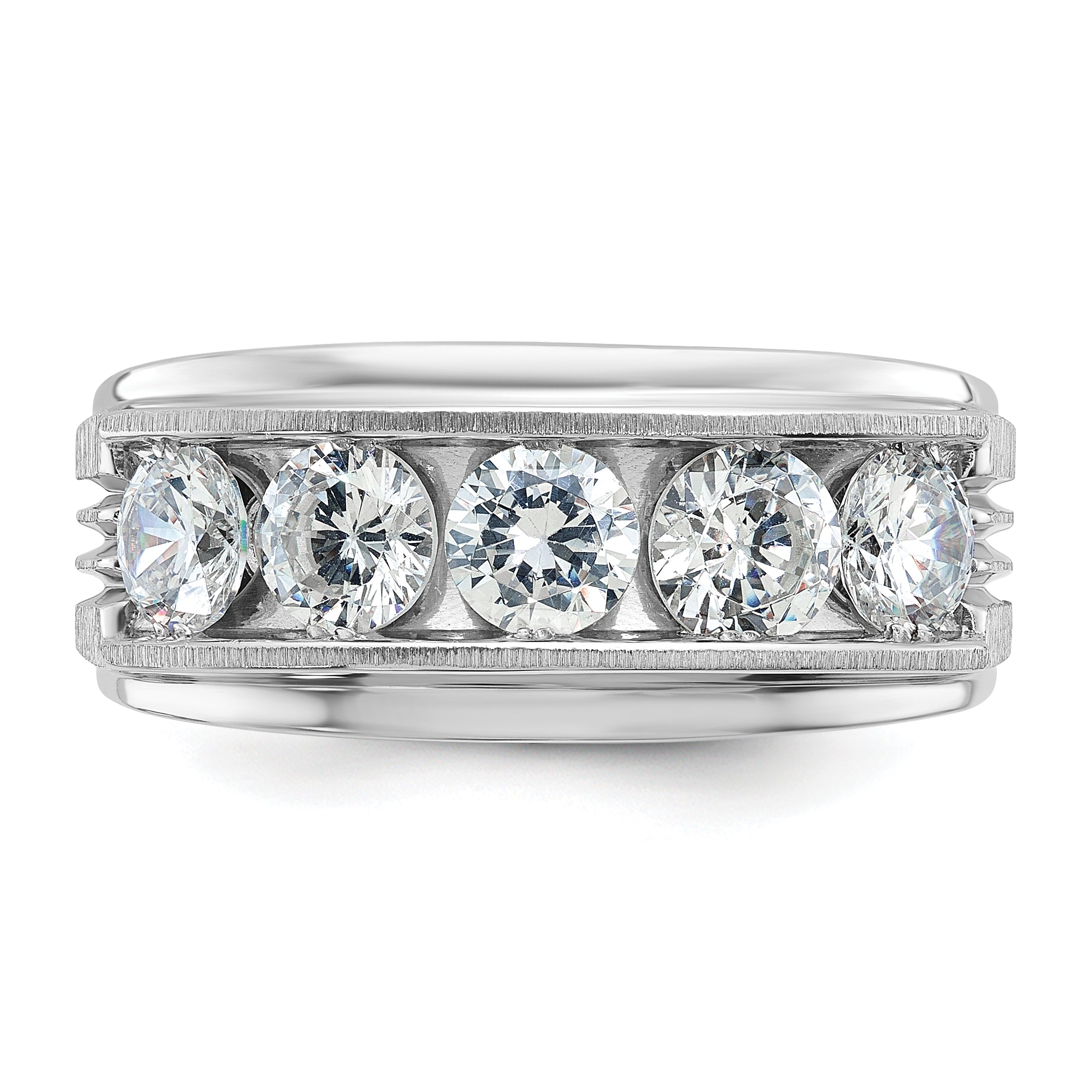14k White Gold 2 carat Lab Grown Diamond VS/SI+ G+ Five Stone Complete Polished Satin and Grooved Men's Ring