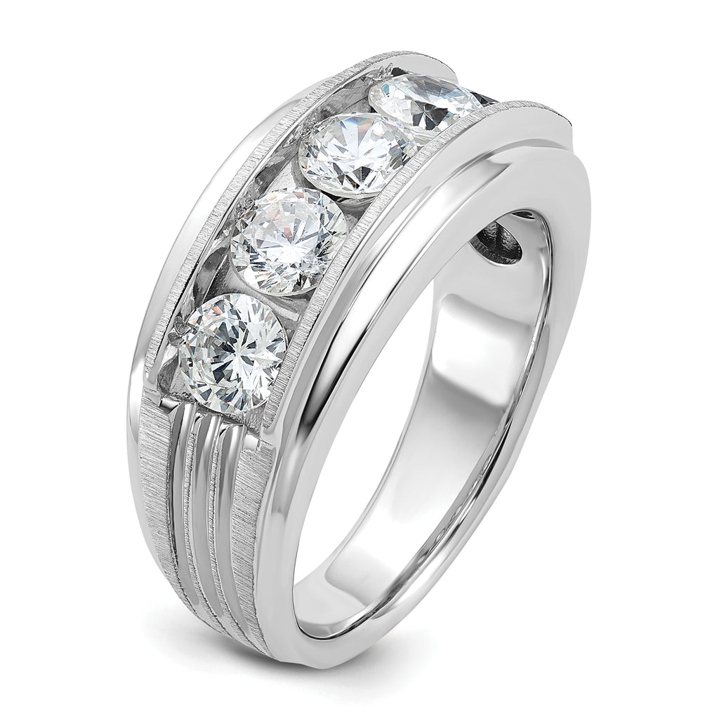 14k White Gold 2 carat Lab Grown Diamond VS/SI+ G+ Five Stone Complete Polished Satin and Grooved Men's Ring
