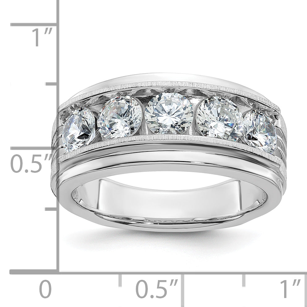14k White Gold 2 carat Lab Grown Diamond VS/SI+ G+ Five Stone Complete Polished Satin and Grooved Men's Ring