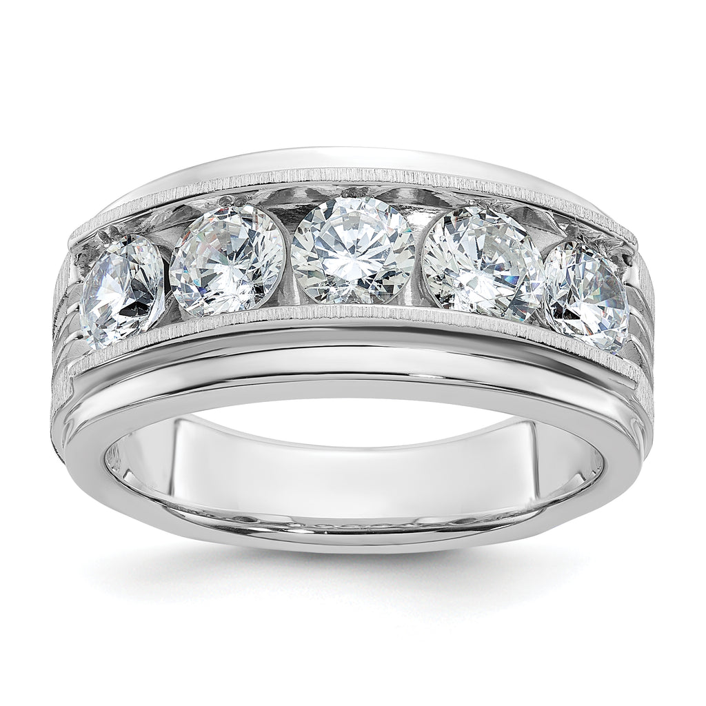14k White Gold 2 carat Lab Grown Diamond VS/SI+ G+ Five Stone Complete Polished Satin and Grooved Men's Ring