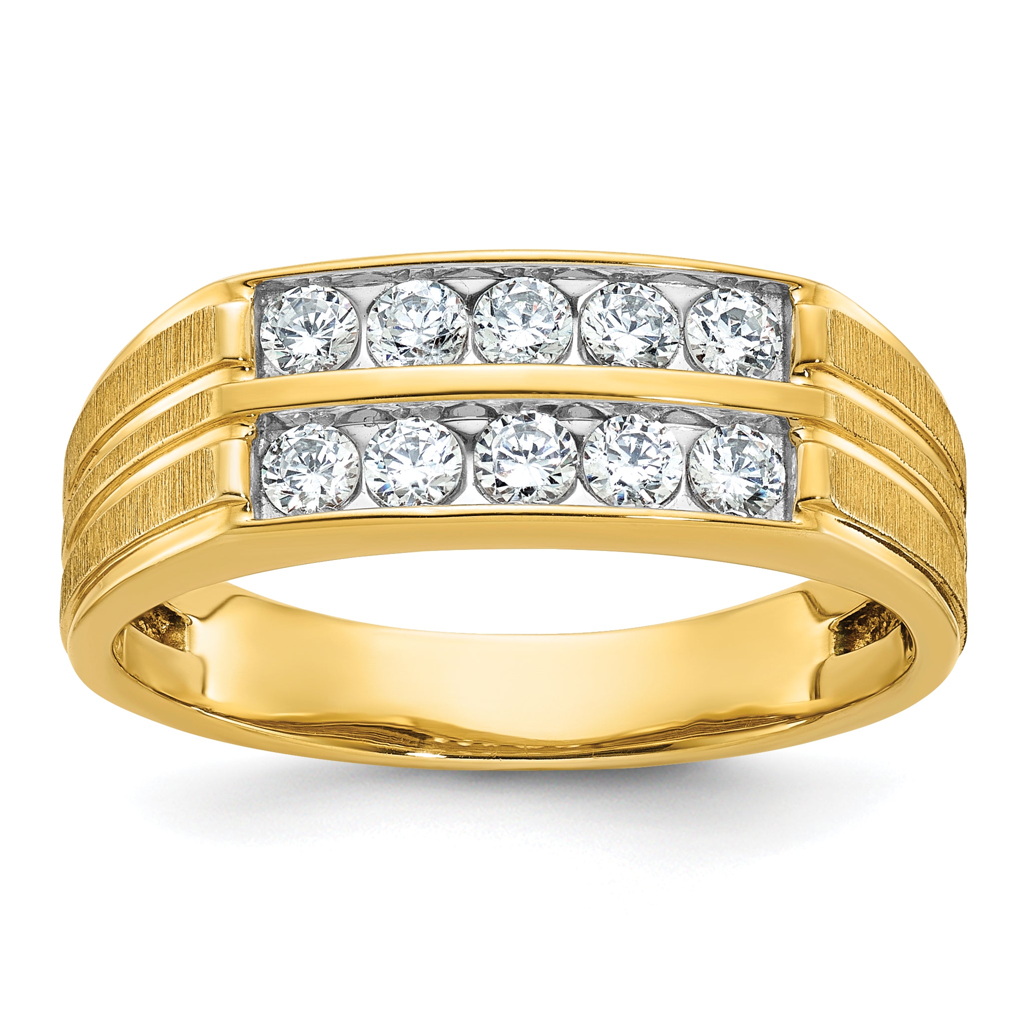 14k Men's Polished Satin and Grooved 2-Row 5/8 Carat AA Quality Diamond Ring - Sophia Jewelers