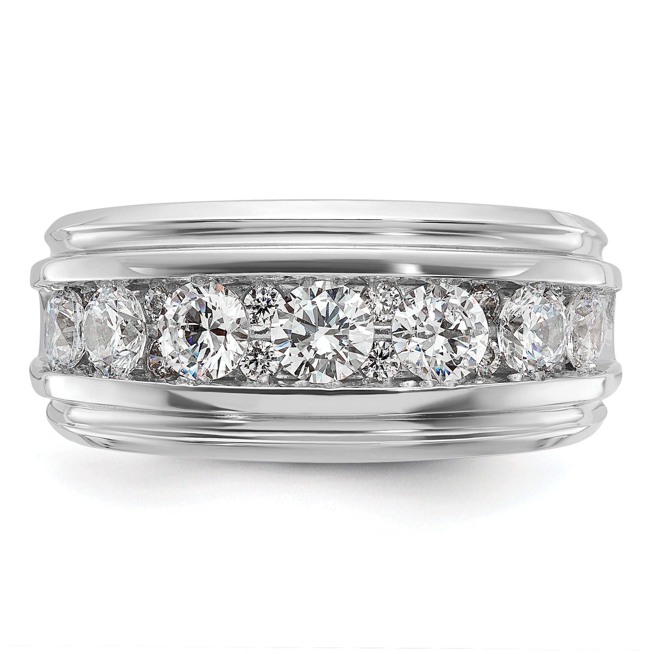 14k White Gold Mens Polished and Grooved 7-Stone Ring Mounting, Mounting Only - Sophia Jewelers