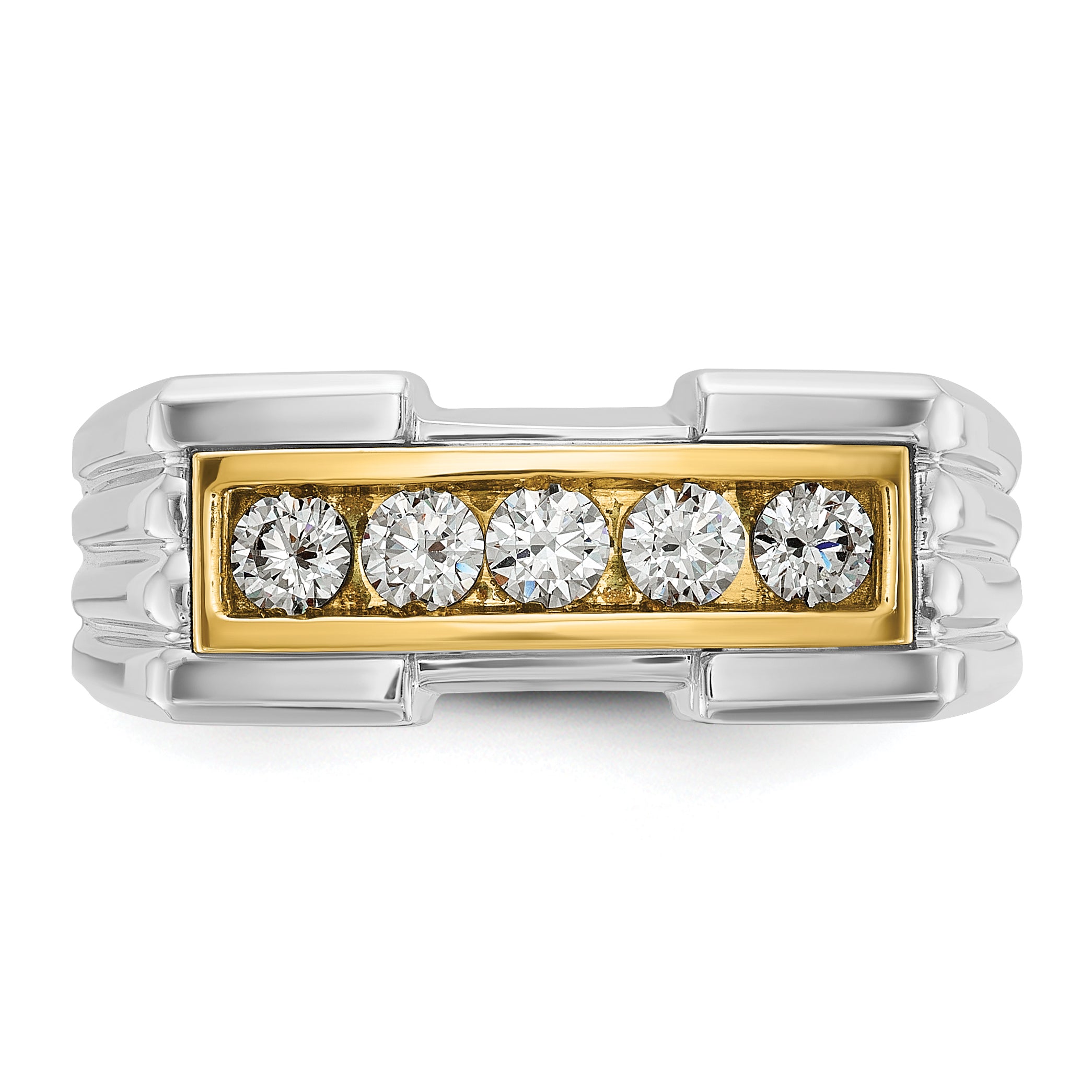 14k Two-tone Men's Polished and Grooved 5-Stone Ring Mounting, Mounting Only - Sophia Jewelers