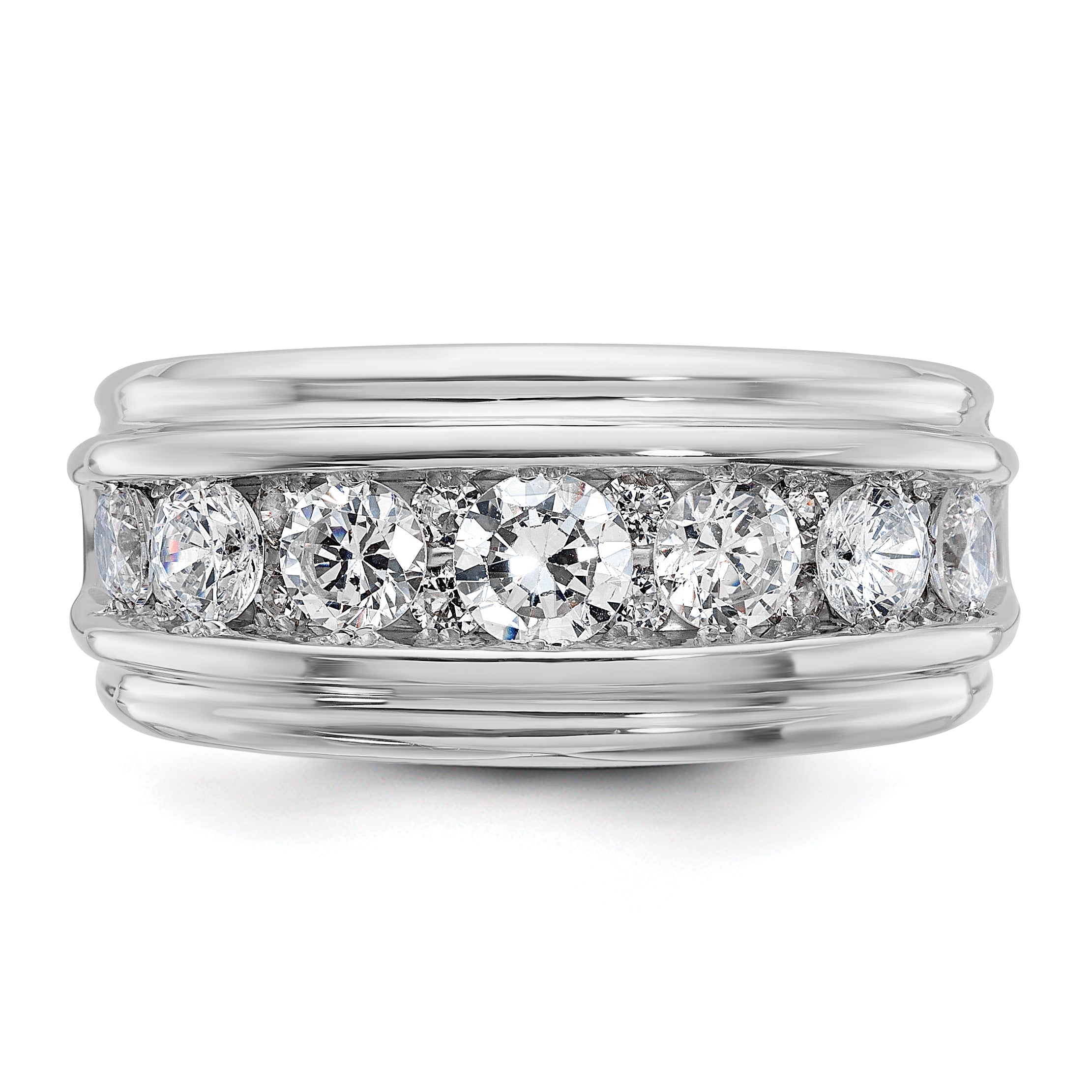 10k White Gold Men's Polished and Grooved 2 Carat A Quality Diamond Ring