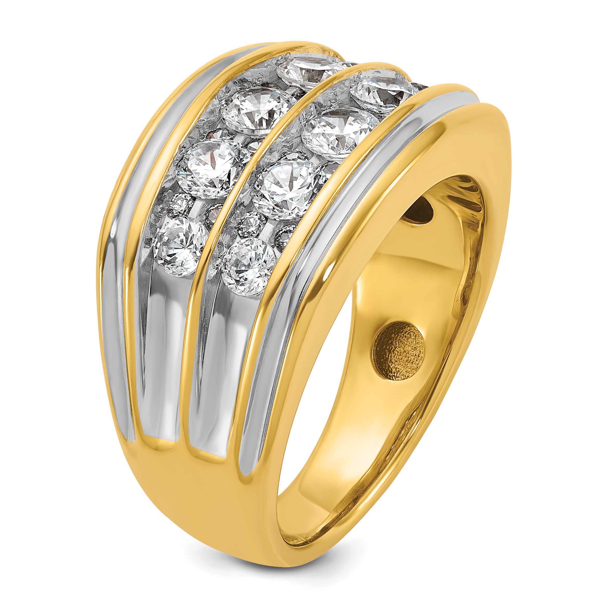14k with White Rhodium Men's Polished and Grooved 2-Row 2 Carat AA Quality Diamond Ring - Sophia Jewelers