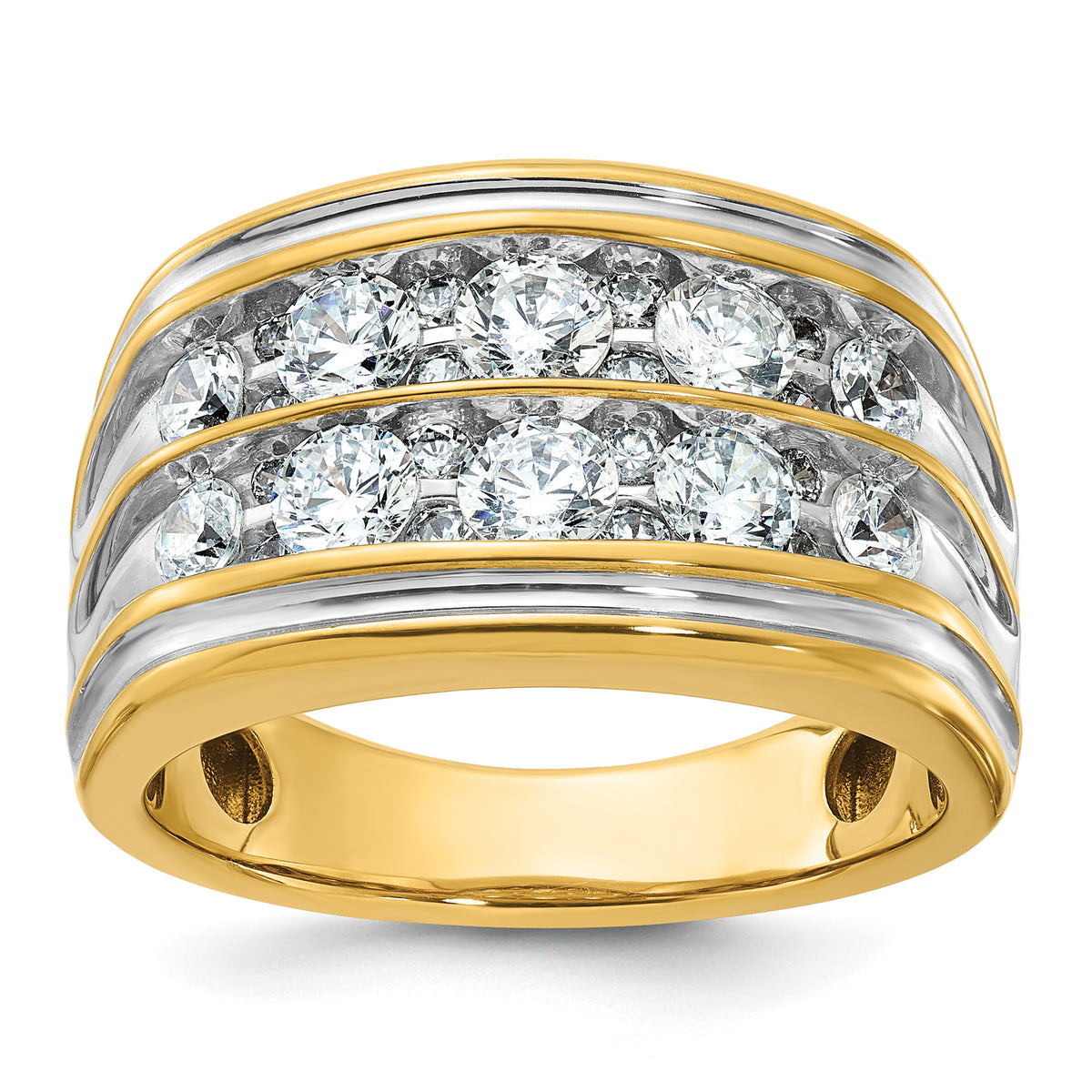 14k with White Rhodium Men's Polished and Grooved 2-Row 2 Carat Lab Grown Diamond Ring - Sophia Jewelers