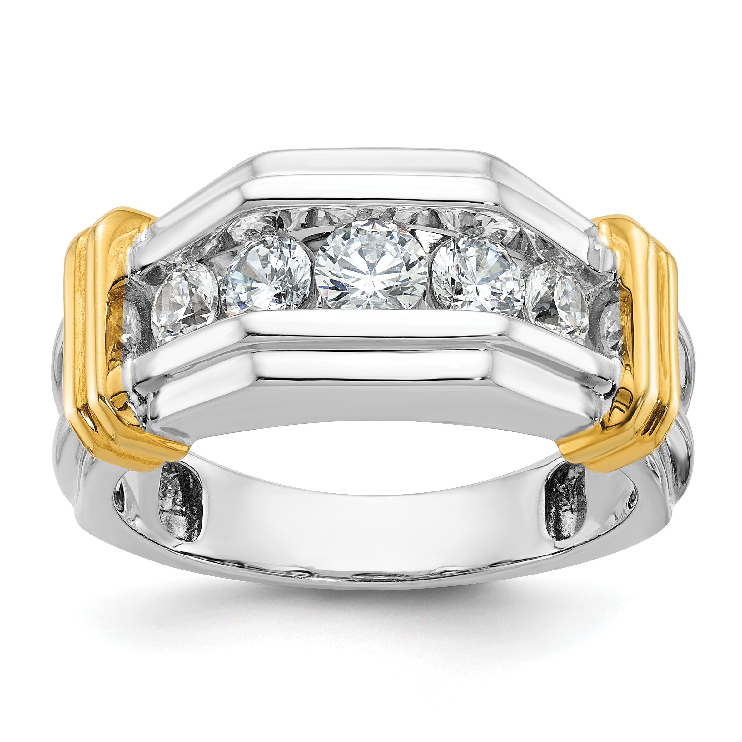 14k Two-tone Five Stone Polished and Grooved Men's Ring Mounting, Mounting Only - Sophia Jewelers