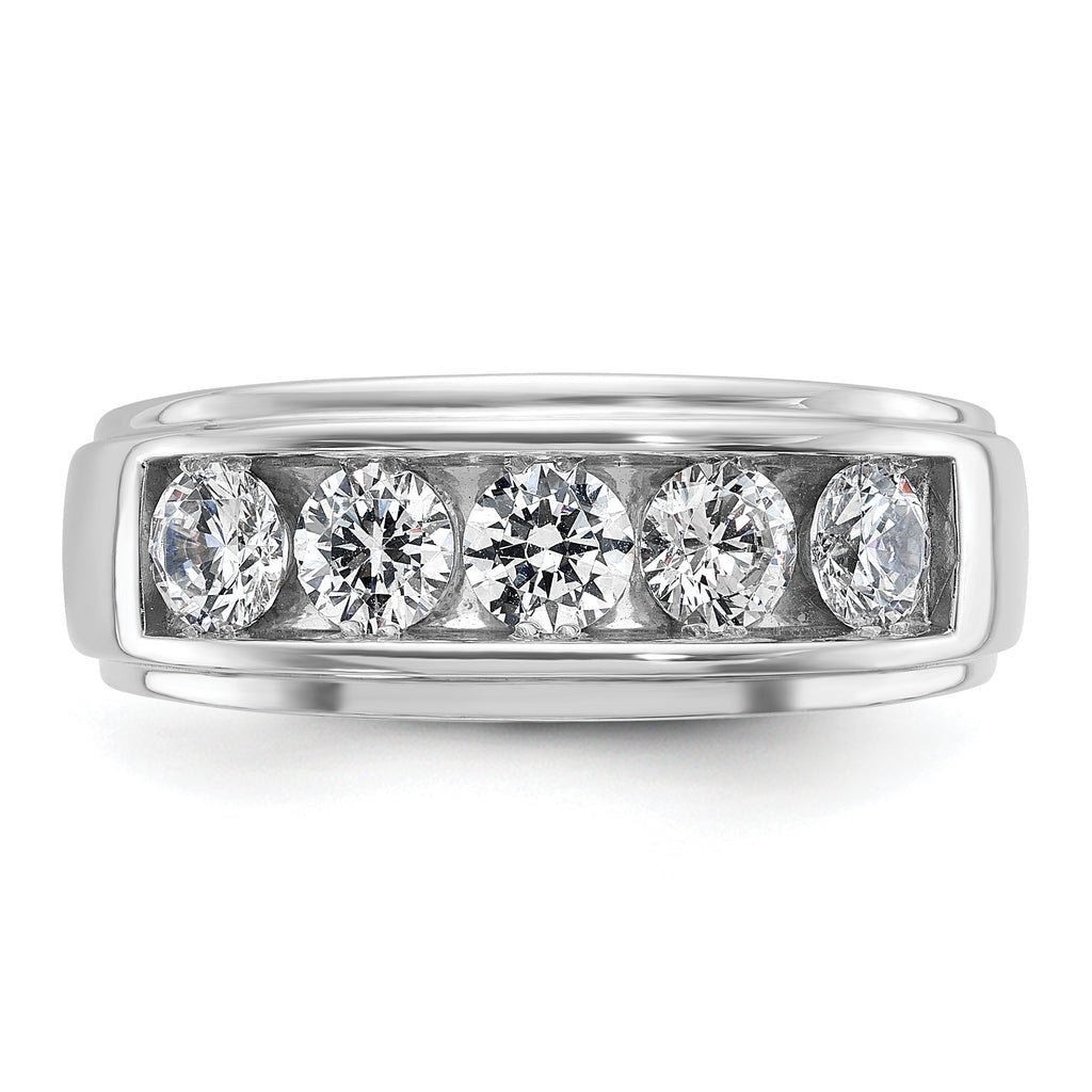 14k White Gold Mens Polished and Grooved 5-Stone 1.5 Carat AA Diamond Ring - Sophia Jewelers