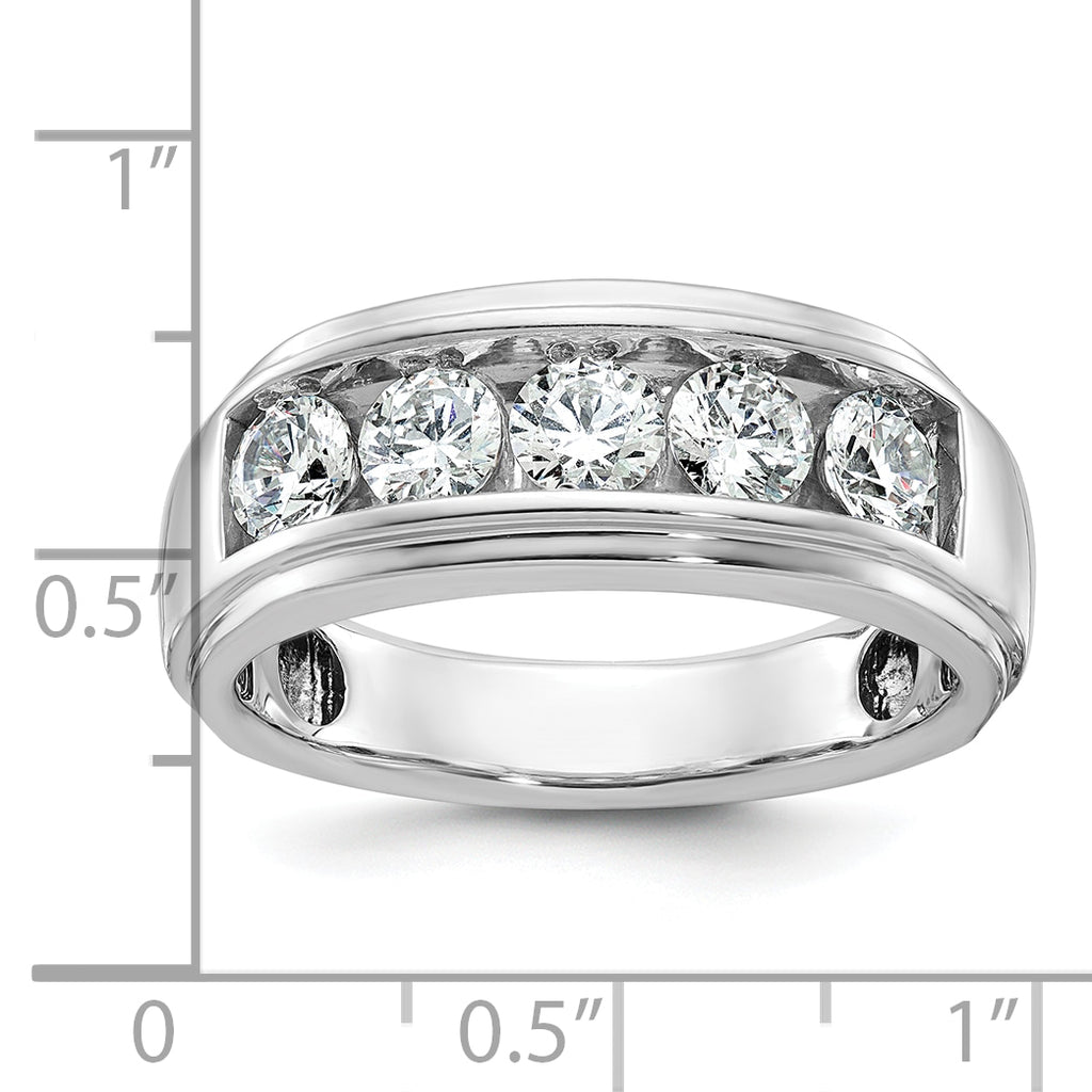 14k White Gold Mens Polished and Grooved 5-Stone 1.5 Carat AA Diamond Ring - Sophia Jewelers