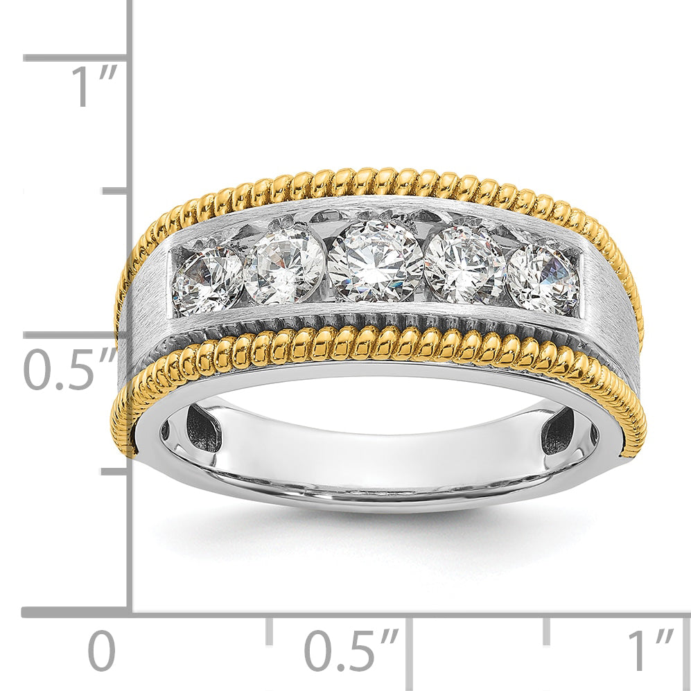14k Two-tone 1 carat Lab Grown Diamond VS/SI+ G+ Five Stone Complete Polished Satin and Textured Men's Ring Secondary image