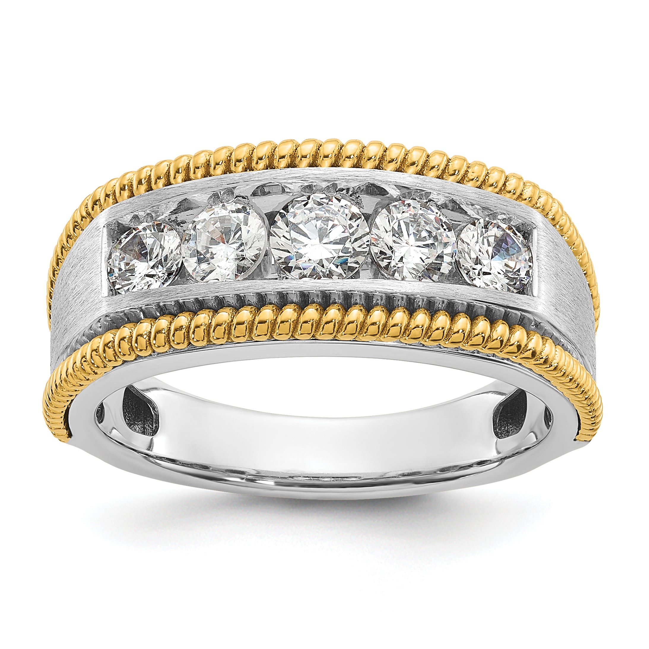 14k Two-tone 1 carat Lab Grown Diamond VS/SI+ G+ Five Stone Complete Polished Satin and Textured Men's Ring Main image