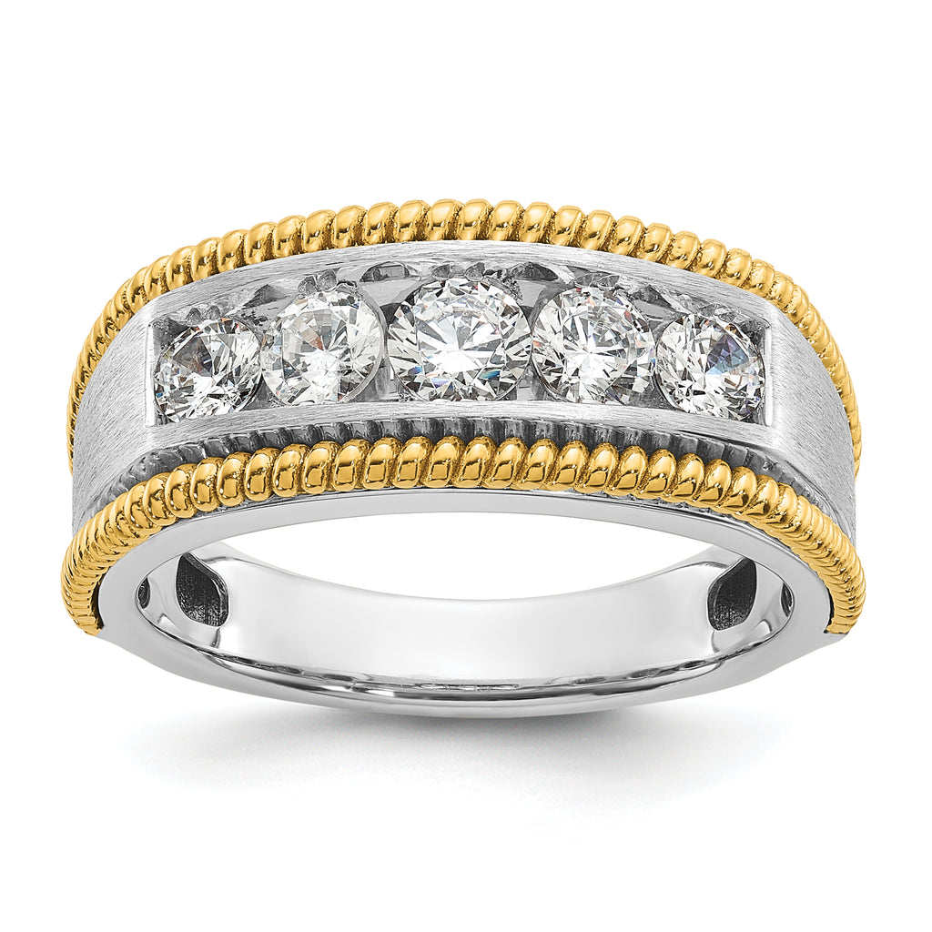14k Two-tone 1 carat Lab Grown Diamond VS/SI+ G+ Five Stone Complete Polished Satin and Textured Men's Ring