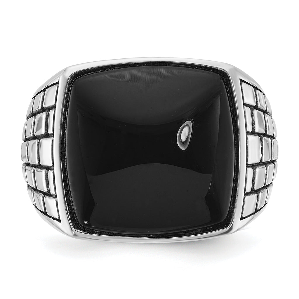 14k White Gold Mens Antiqued Cushion Onyx Complete Ring - Sophia Jewelers