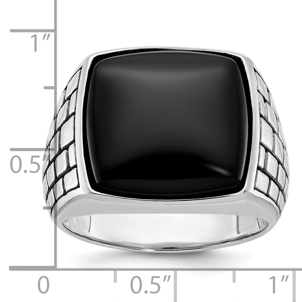 14k White Gold Mens Antiqued Cushion Onyx Complete Ring - Sophia Jewelers