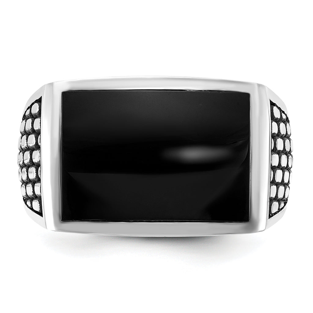 14k White Gold with Black Rhodium Men's Polished and Textured Onyx Ring - Sophia Jewelers