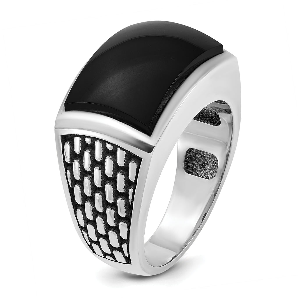 14k White Gold with Black Rhodium Men's Polished and Textured Onyx Ring - Sophia Jewelers