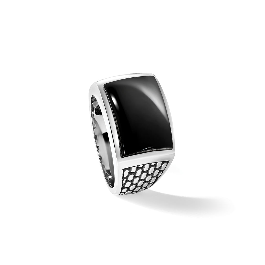 14k White Gold with Black Rhodium Men's Polished and Textured Onyx Ring - Sophia Jewelers