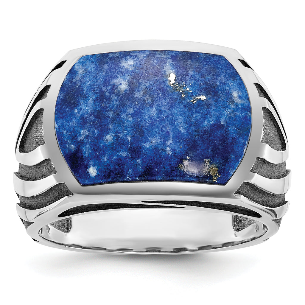 14k White Gold with Black Rhodium Mens Lapis Complete Ring - Sophia Jewelers