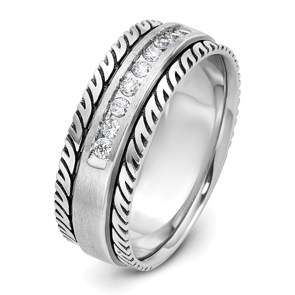 14k White Gold with Black Rhodium Men's Polished Satin and Grooved 1/5 Carat AA Quality Diamond Ring - Sophia Jewelers