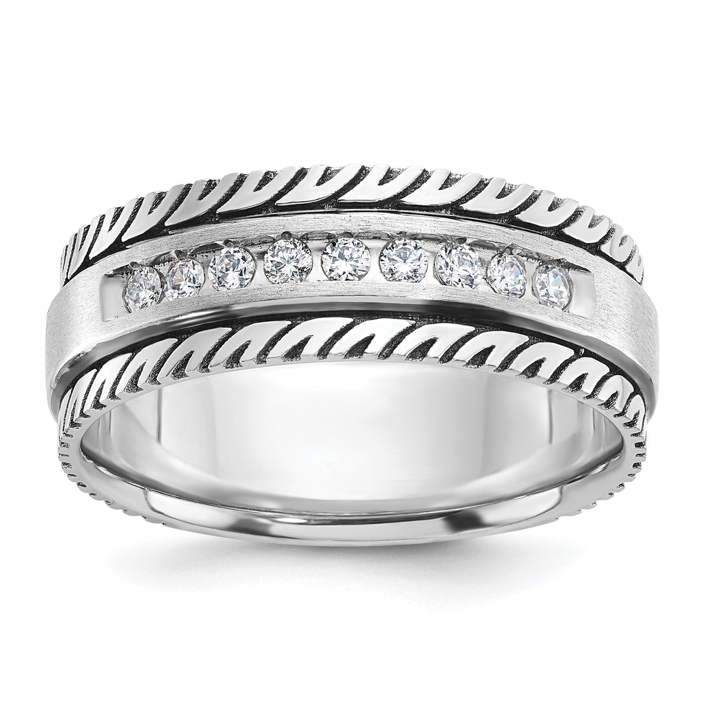 14k White Gold with Black Rhodium Men's Polished Satin and Grooved 1/5 Carat AA Quality Diamond Ring - Sophia Jewelers