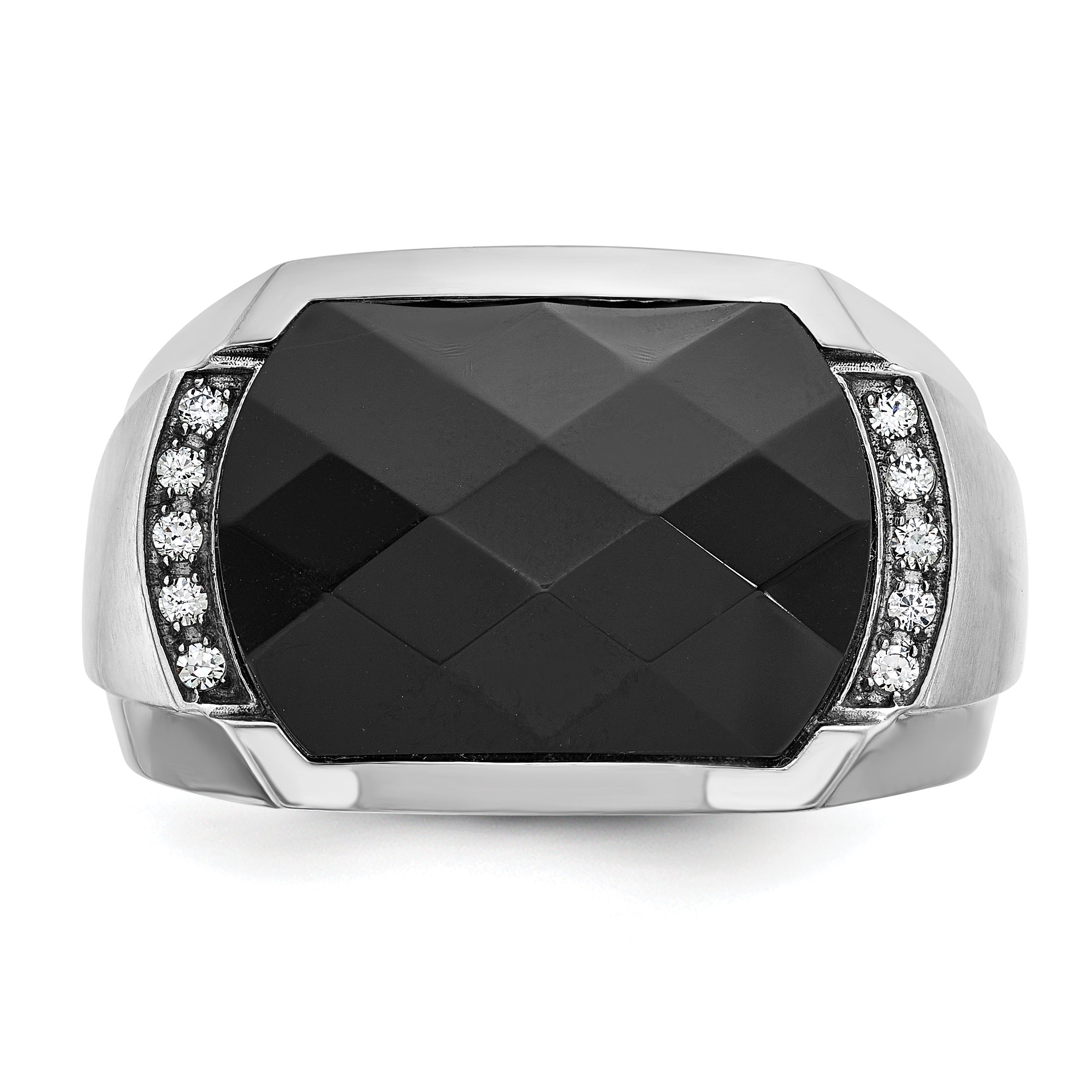 14k White Gold Men's Polished and Satin Faceted Onyx and 1/10 Carat AA Quality Diamond Ring - Sophia Jewelers