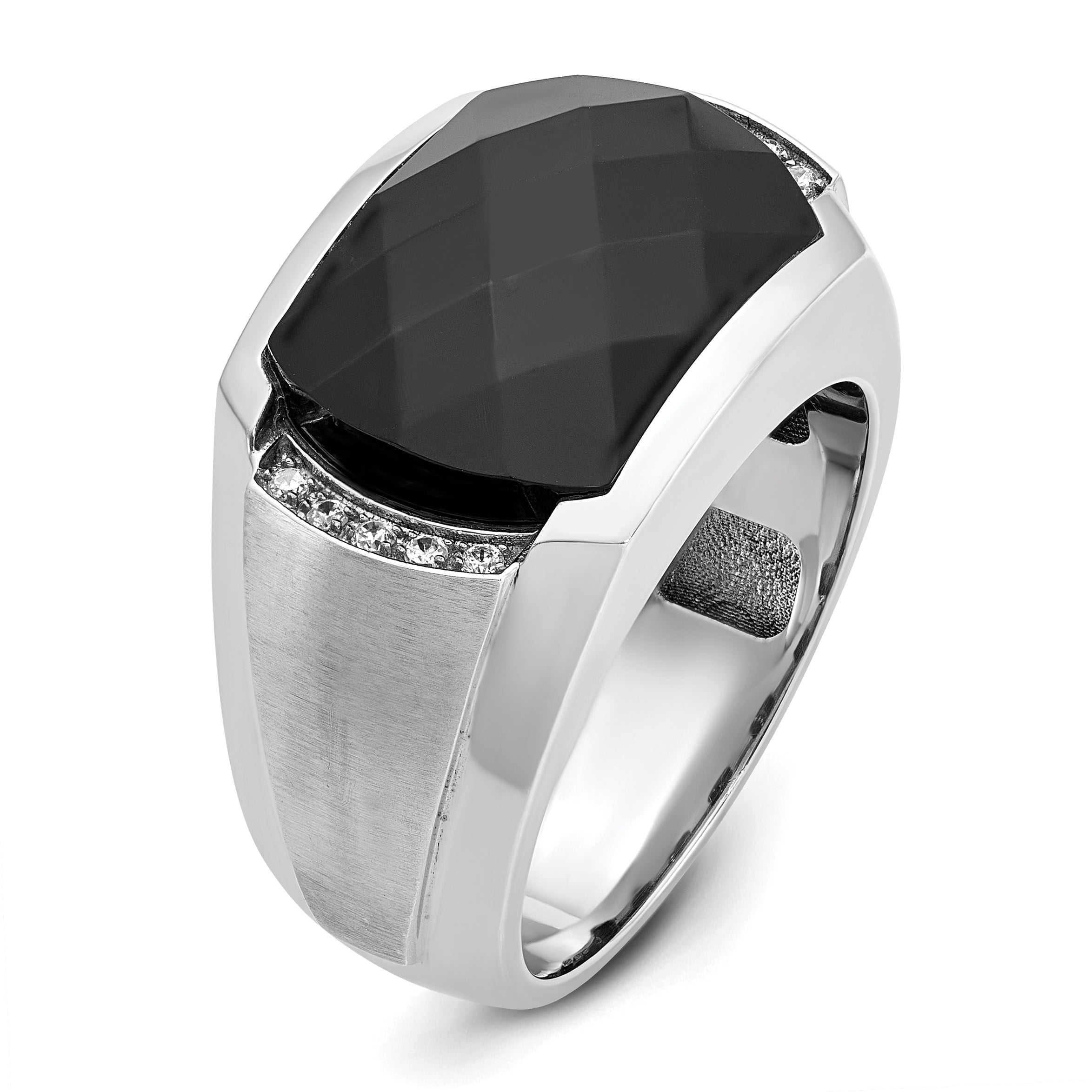 14k White Gold Men's Polished and Satin Faceted Onyx and 1/10 Carat AA Quality Diamond Ring - Sophia Jewelers