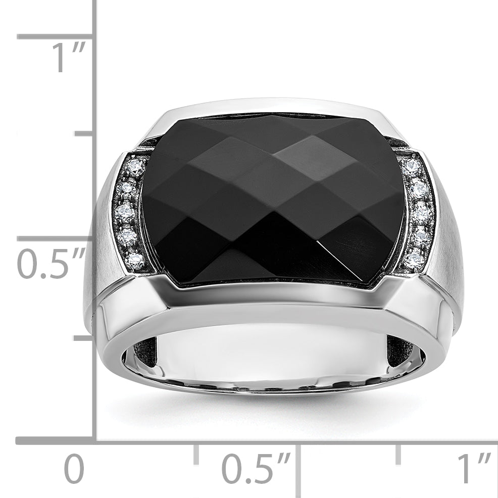 14k White Gold Men's Polished and Satin Faceted Onyx and 1/10 Carat AA Quality Diamond Ring - Sophia Jewelers