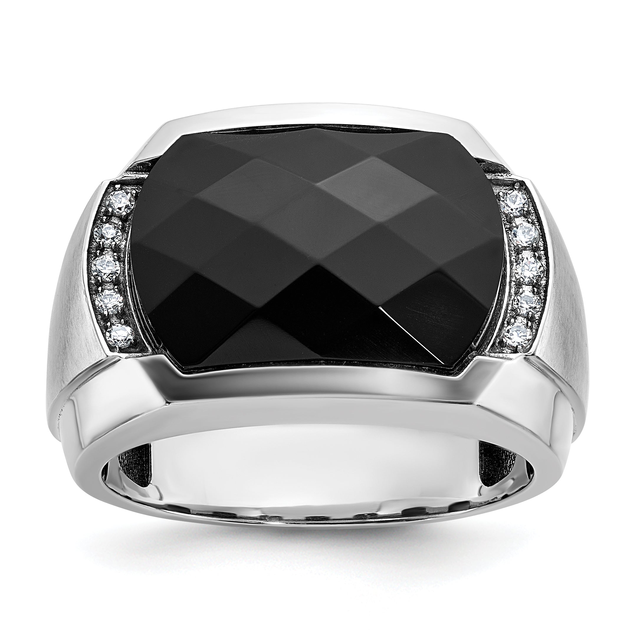 14k White Gold Men's Polished and Satin Faceted Onyx and 1/10 Carat AA Quality Diamond Ring - Sophia Jewelers Main image