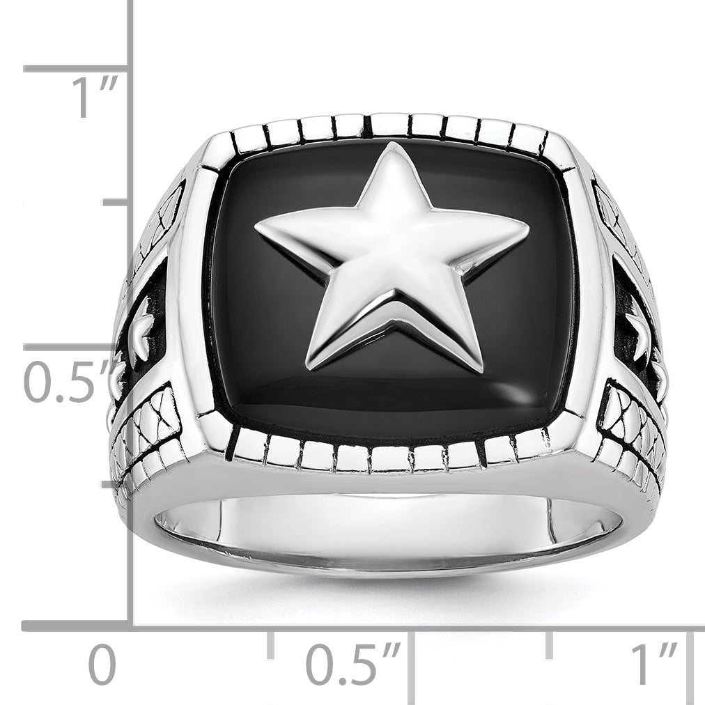 14k White Gold Mens Antiqued Cushion Onyx Complete Star Ring - Sophia Jewelers