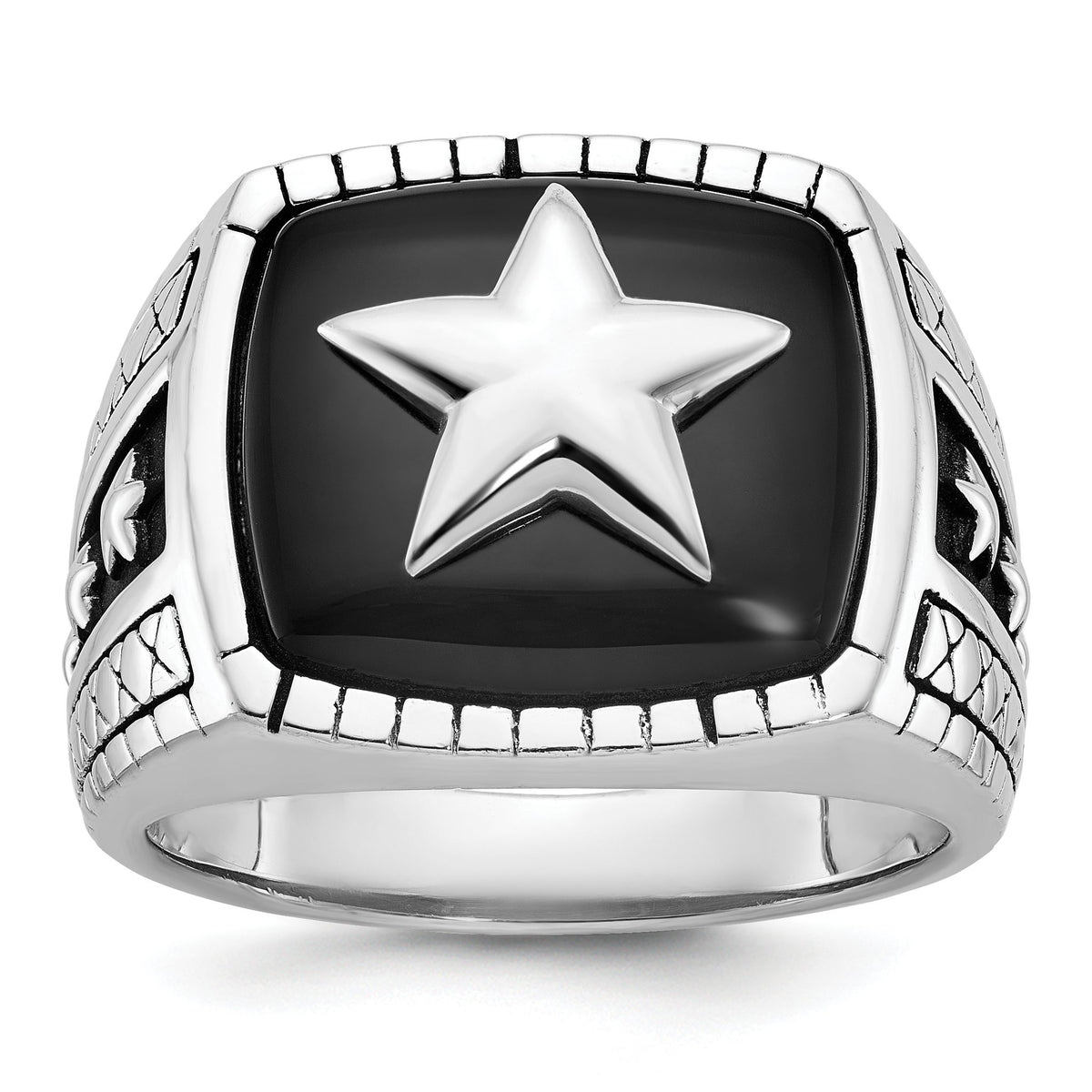 Men's Cushion Onyx Star Ring in 14K White Gold, Antiqued, Size 10 - Sophia Jewelers Main image