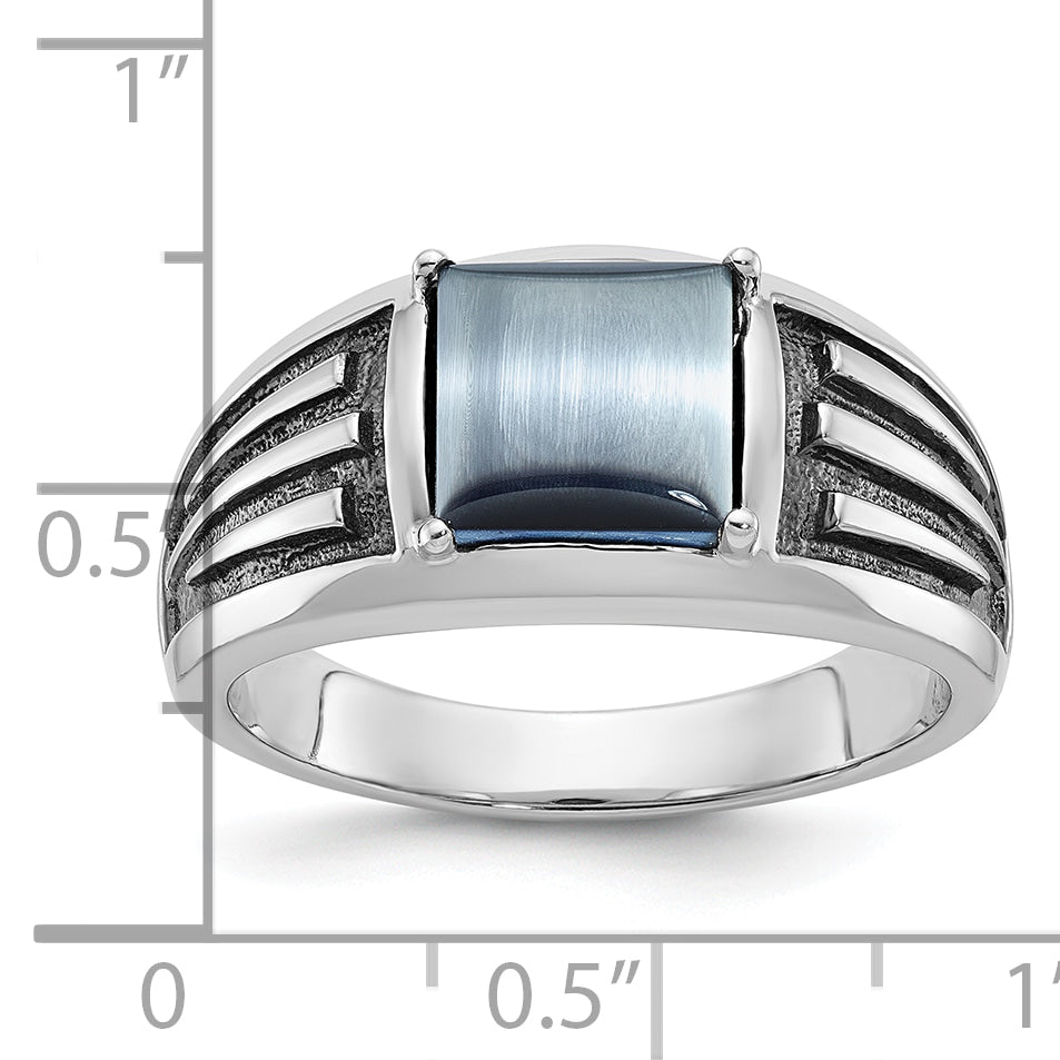14k White Gold with Black Rhodium Mens Imitation Gray Cats Eye Complete Ring - Sophia Jewelers