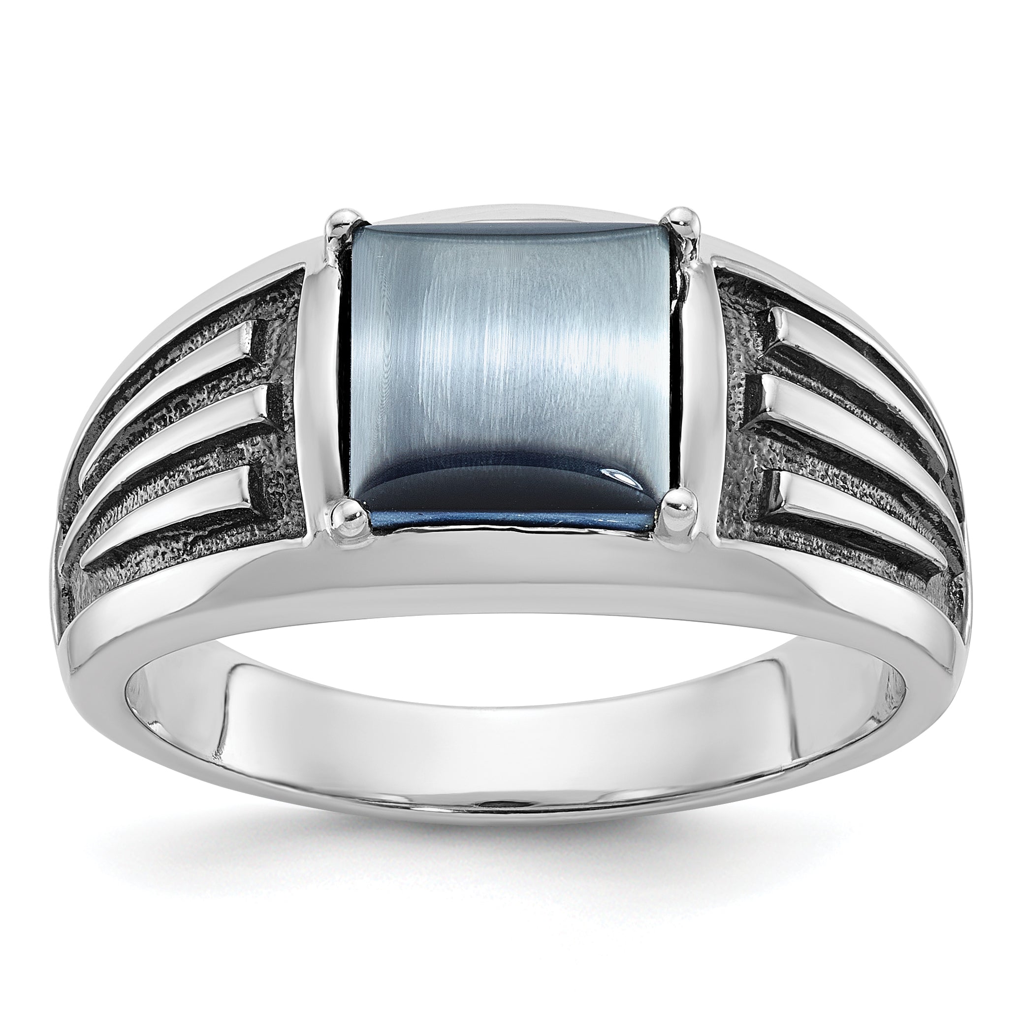 14k White Gold with Black Rhodium Mens Imitation Gray Cats Eye Complete Ring - Sophia Jewelers