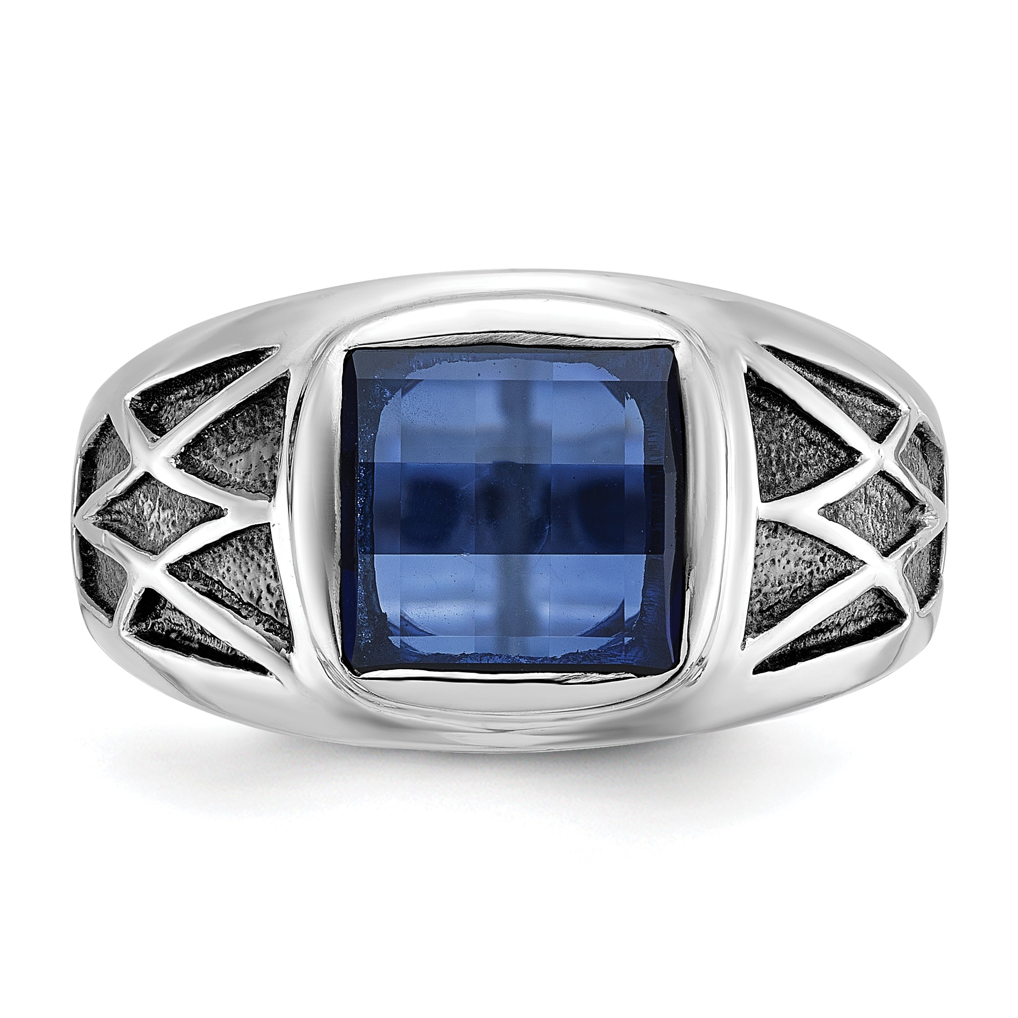 14k White Gold with Black Rhodium Mens Square Lab Created Sapphire Complete Ring - Sophia Jewelers