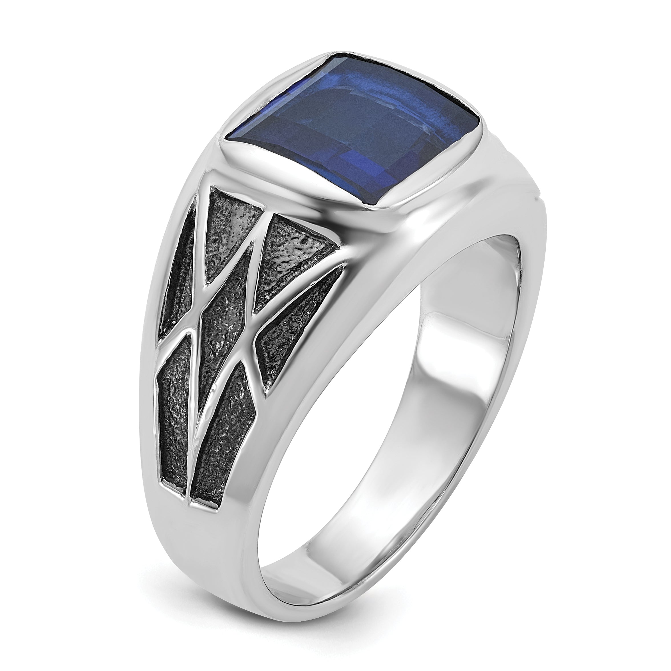 14k White Gold with Black Rhodium Mens Square Lab Created Sapphire Complete Ring - Sophia Jewelers