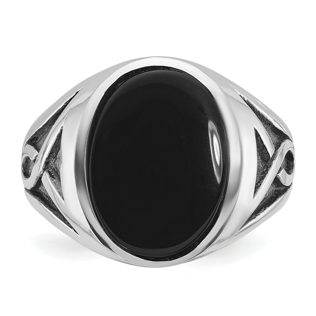 14k White Gold with Black Rhodium Mens Oval Onyx Complete Ring - Sophia Jewelers