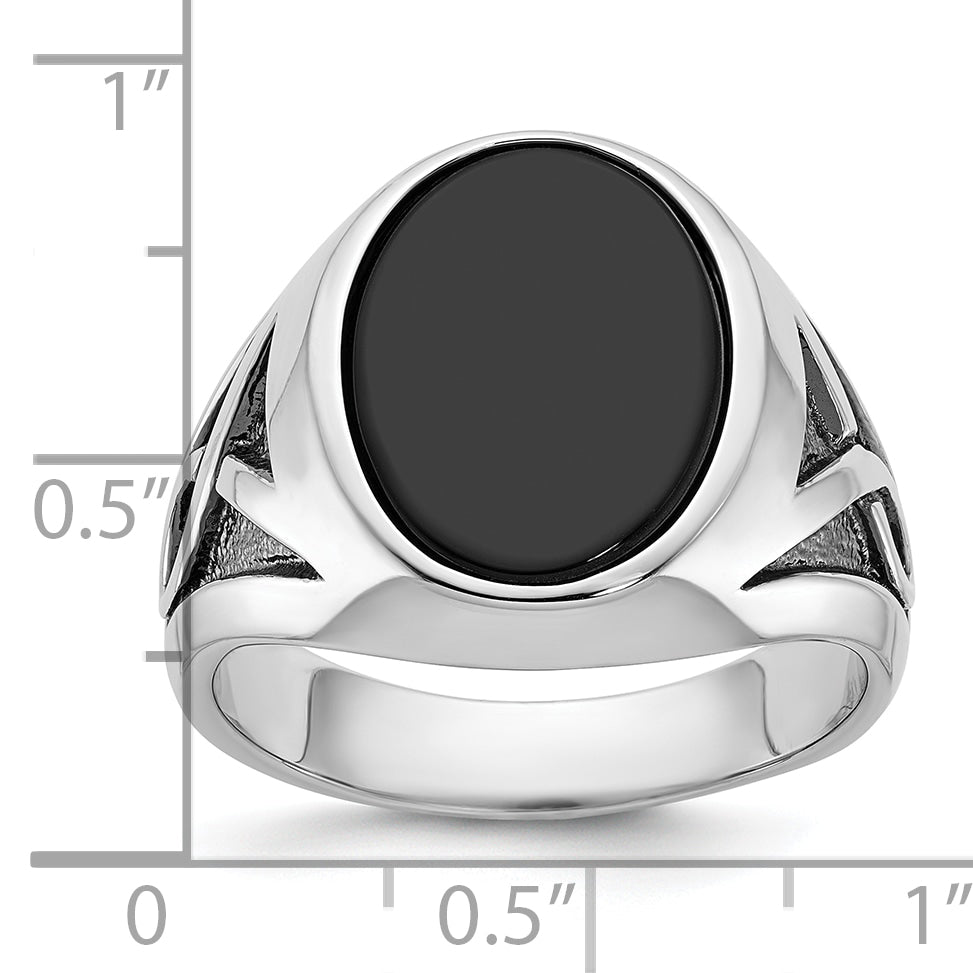 14k White Gold with Black Rhodium Mens Oval Onyx Complete Ring - Sophia Jewelers