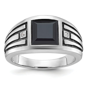 Men's Black Square Onyx & Diamond Ring in 14K White Gold (0.02 ct. tw.), Size 10 - Sophia Jewelers