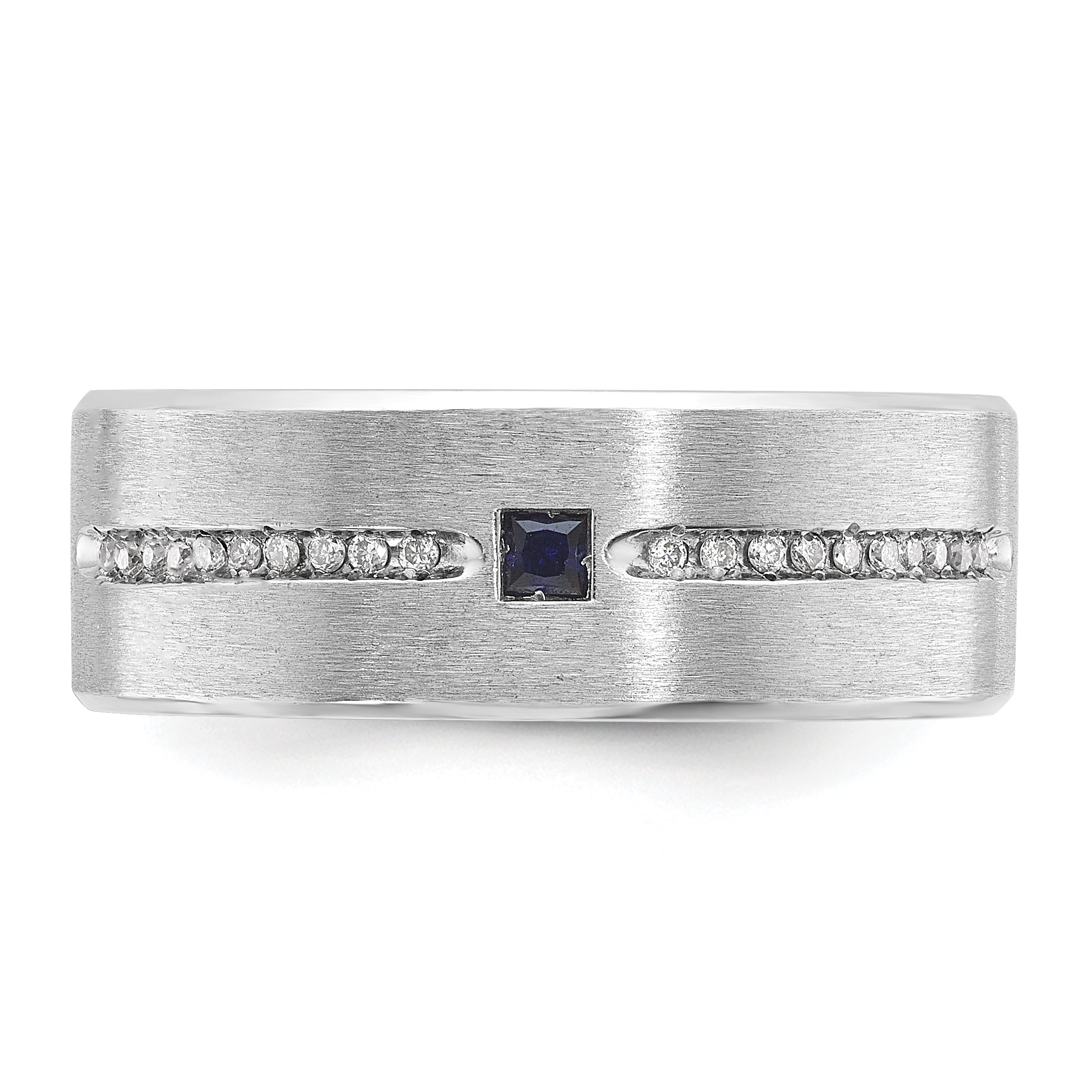 14k White Gold Mens Satin Lab Created Sapphire and 1/8 carat Diamond Complete Ring - Sophia Jewelers