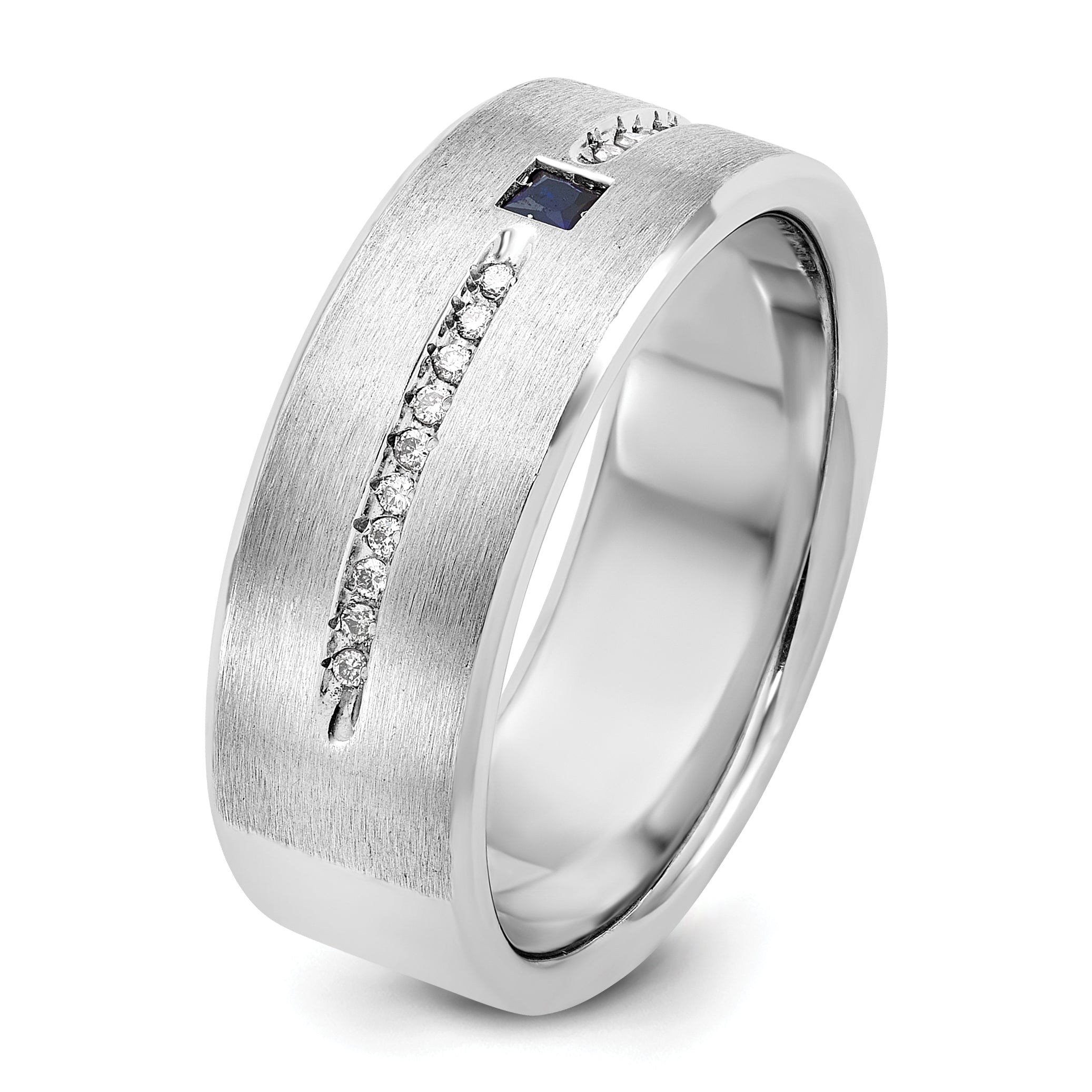 14k White Gold Mens Satin Lab Created Sapphire and 1/8 carat Diamond Complete Ring - Sophia Jewelers