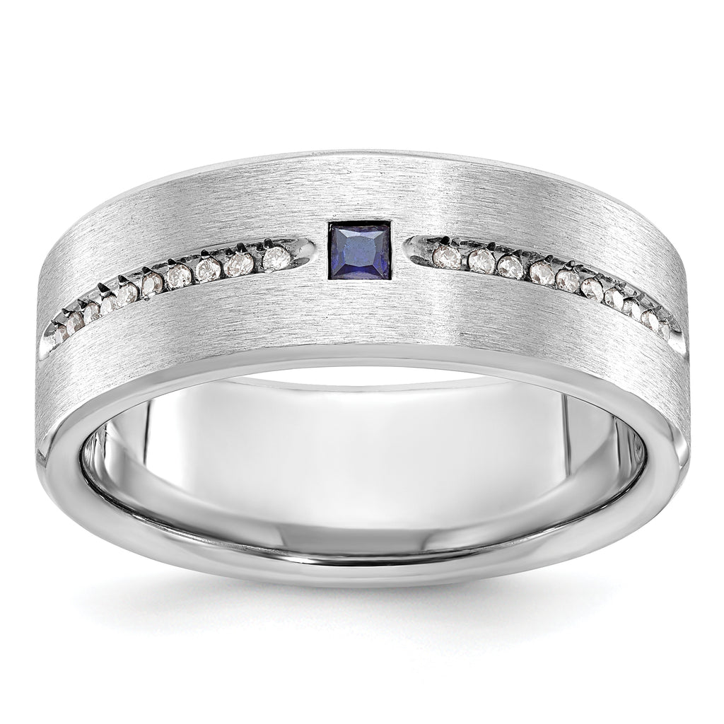 14k White Gold Mens Satin Lab Created Sapphire and 1/8 carat Diamond Complete Ring - Sophia Jewelers
