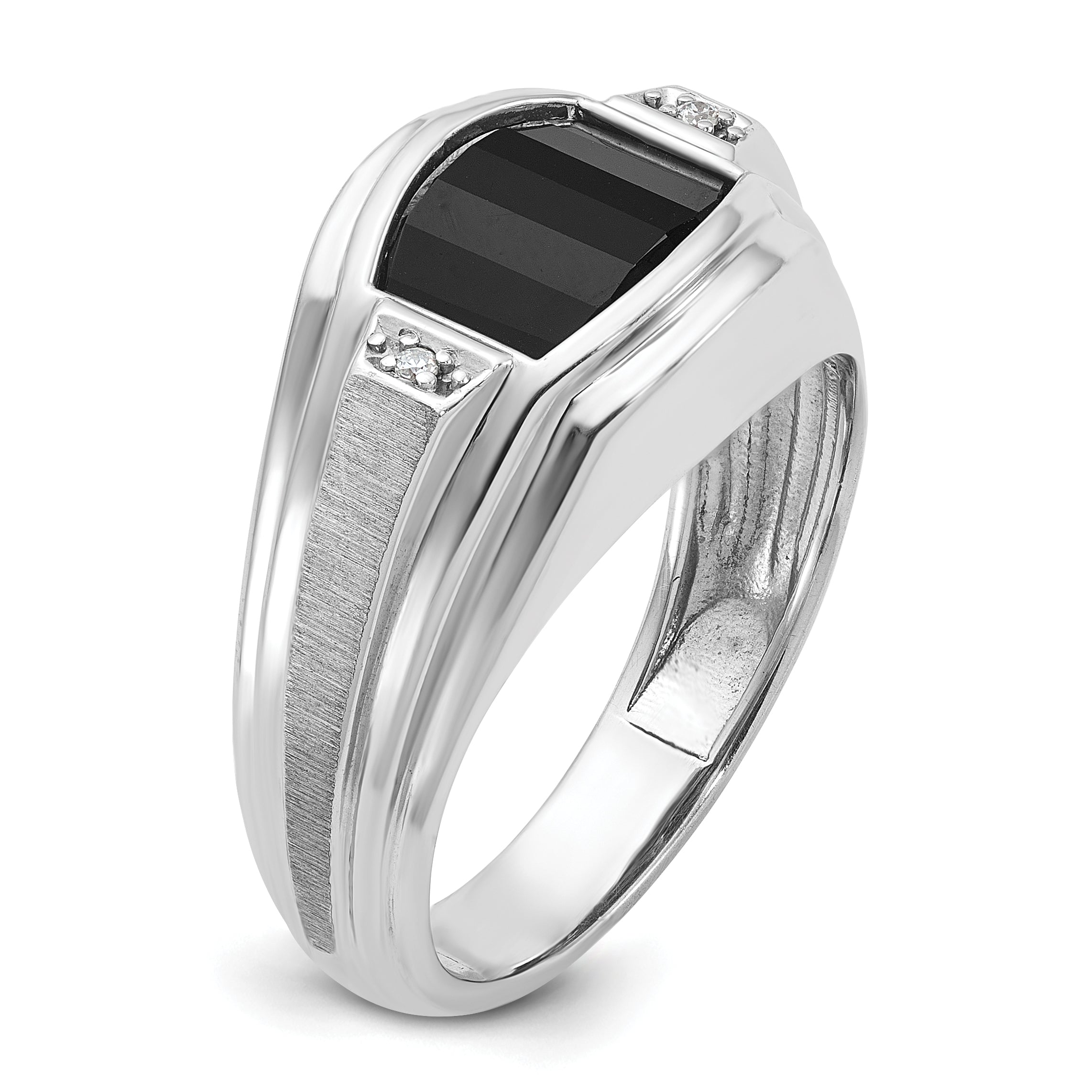 14k White Gold Mens Satin Barrel Onyx and Diamond Complete Ring - Sophia Jewelers