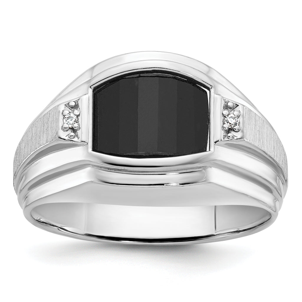 14k White Gold Mens Satin Barrel Onyx and Diamond Complete Ring - Sophia Jewelers