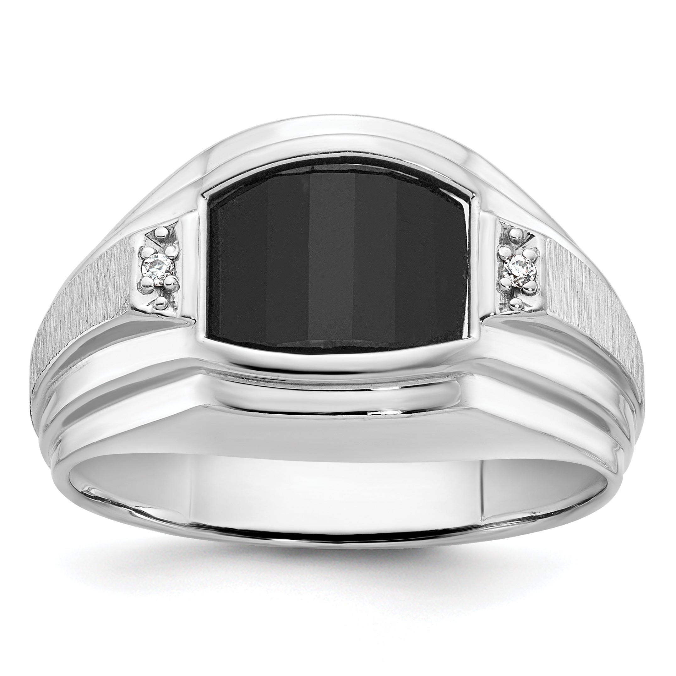 14k White Gold Mens Satin Barrel Onyx and Diamond Complete Ring - Sophia Jewelers