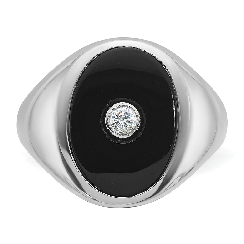 14k White Gold Mens Oval Onyx and 1/10 carat Diamond Complete Ring - Sophia Jewelers