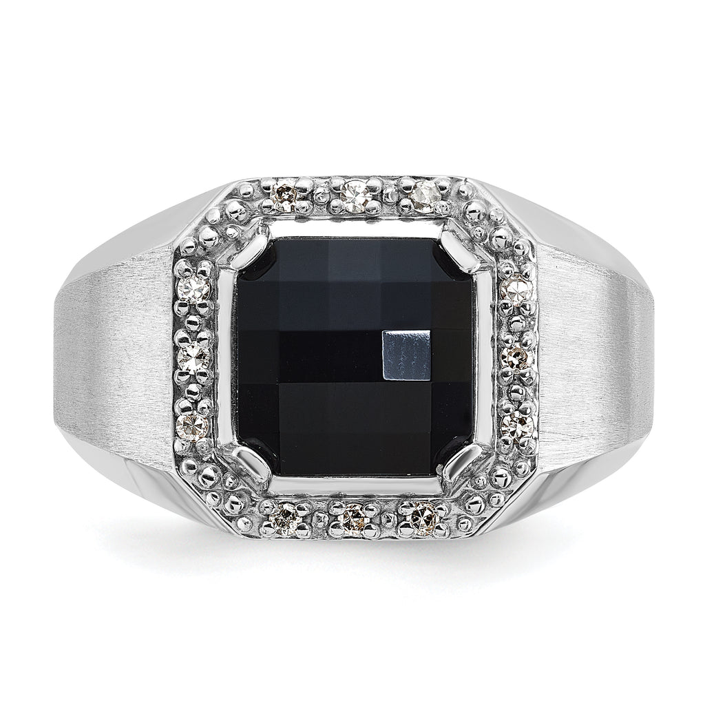14k White Gold Mens Cushion Onyx and 1/8 carat Diamond Complete Ring - Sophia Jewelers