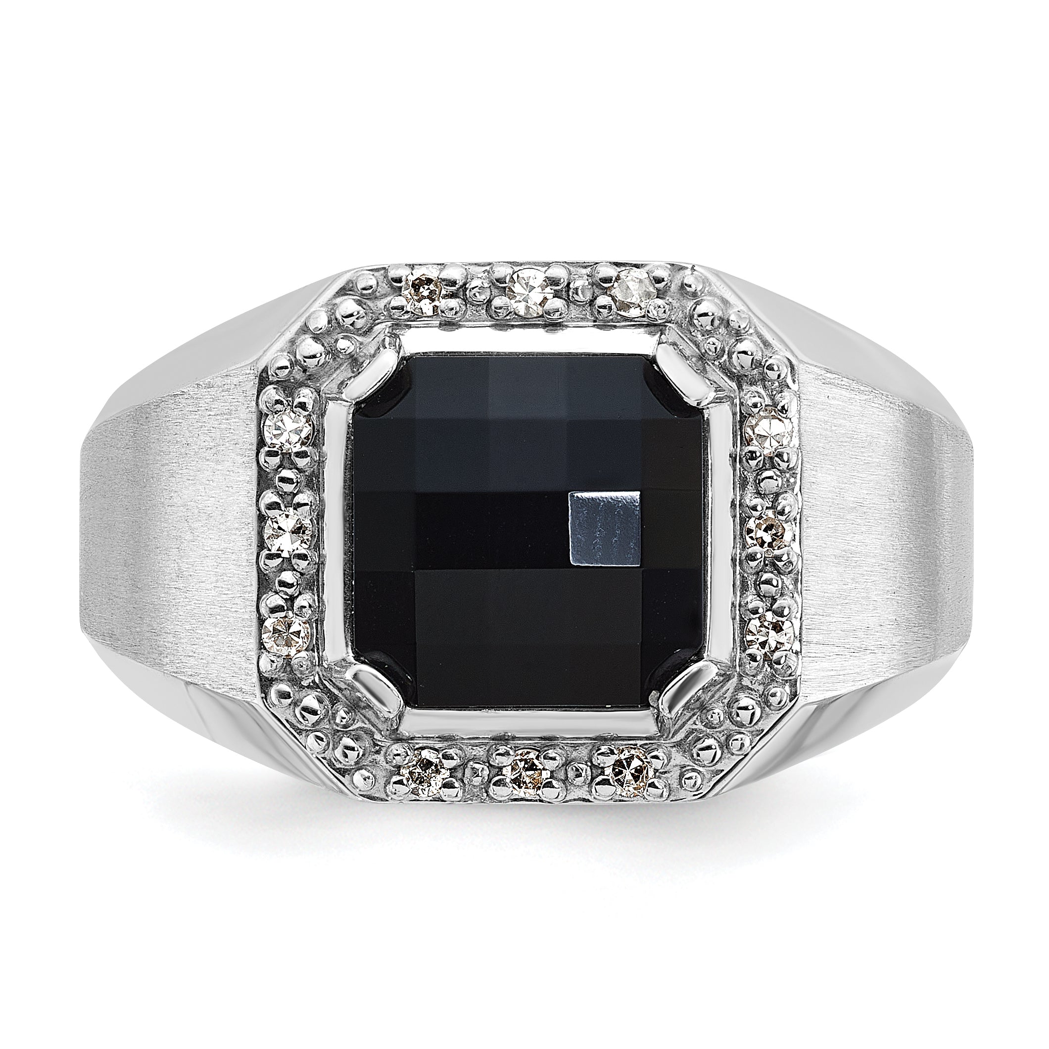 14k White Gold Mens Cushion Onyx and 1/8 carat Diamond Complete Ring - Sophia Jewelers