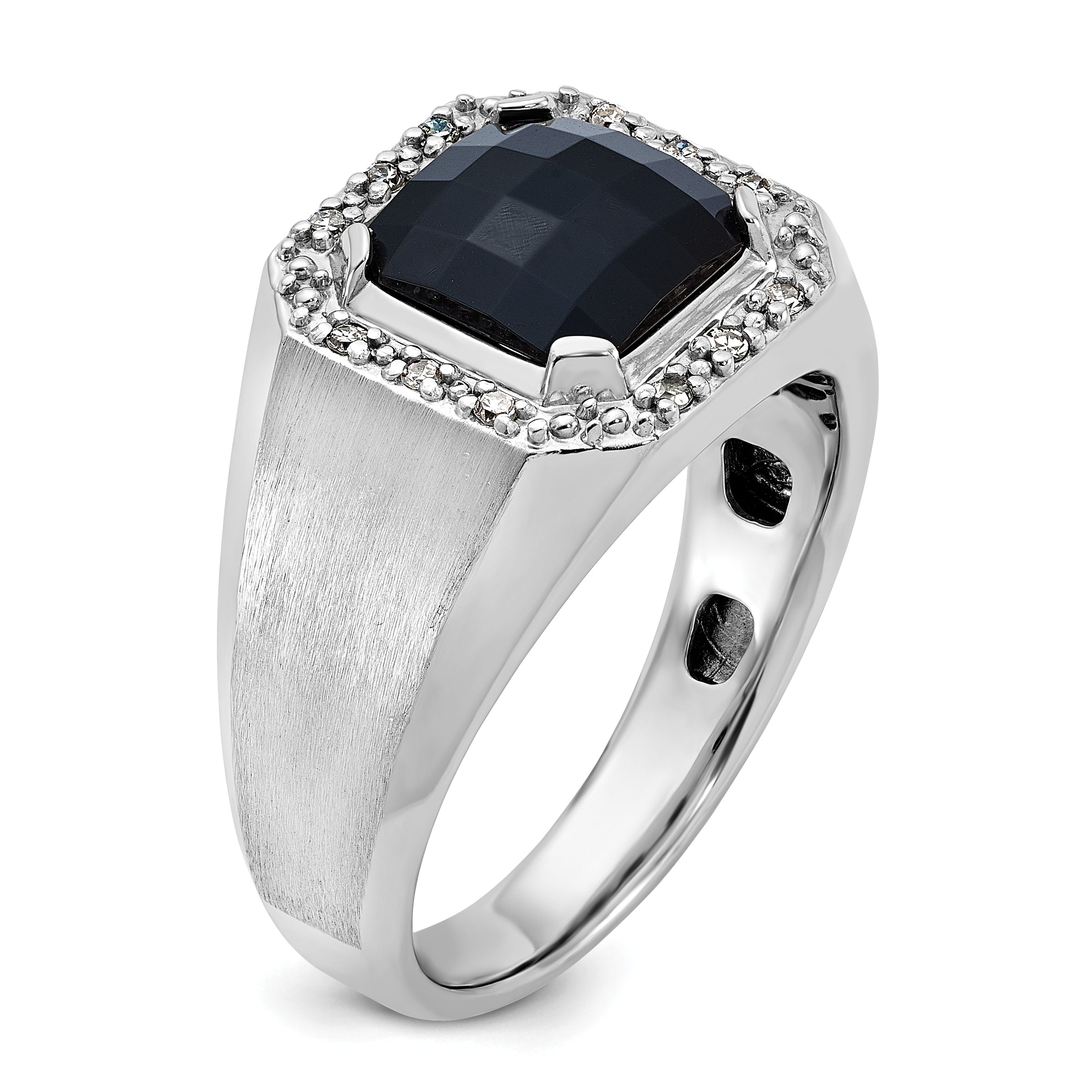 14k White Gold Mens Cushion Onyx and 1/8 carat Diamond Complete Ring - Sophia Jewelers