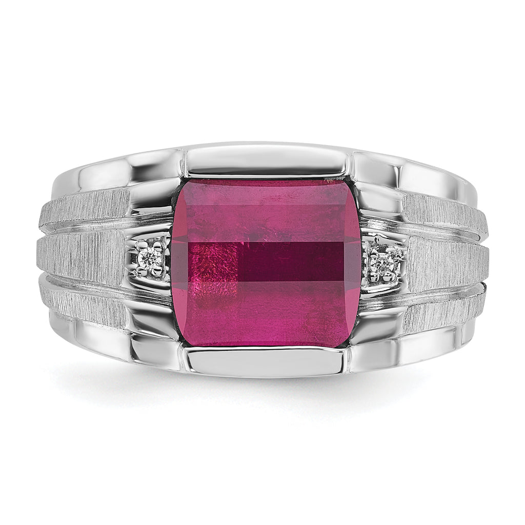 14k White Gold Mens Satin Barrel Lab Created Ruby and Diamond Complete Ring - Sophia Jewelers