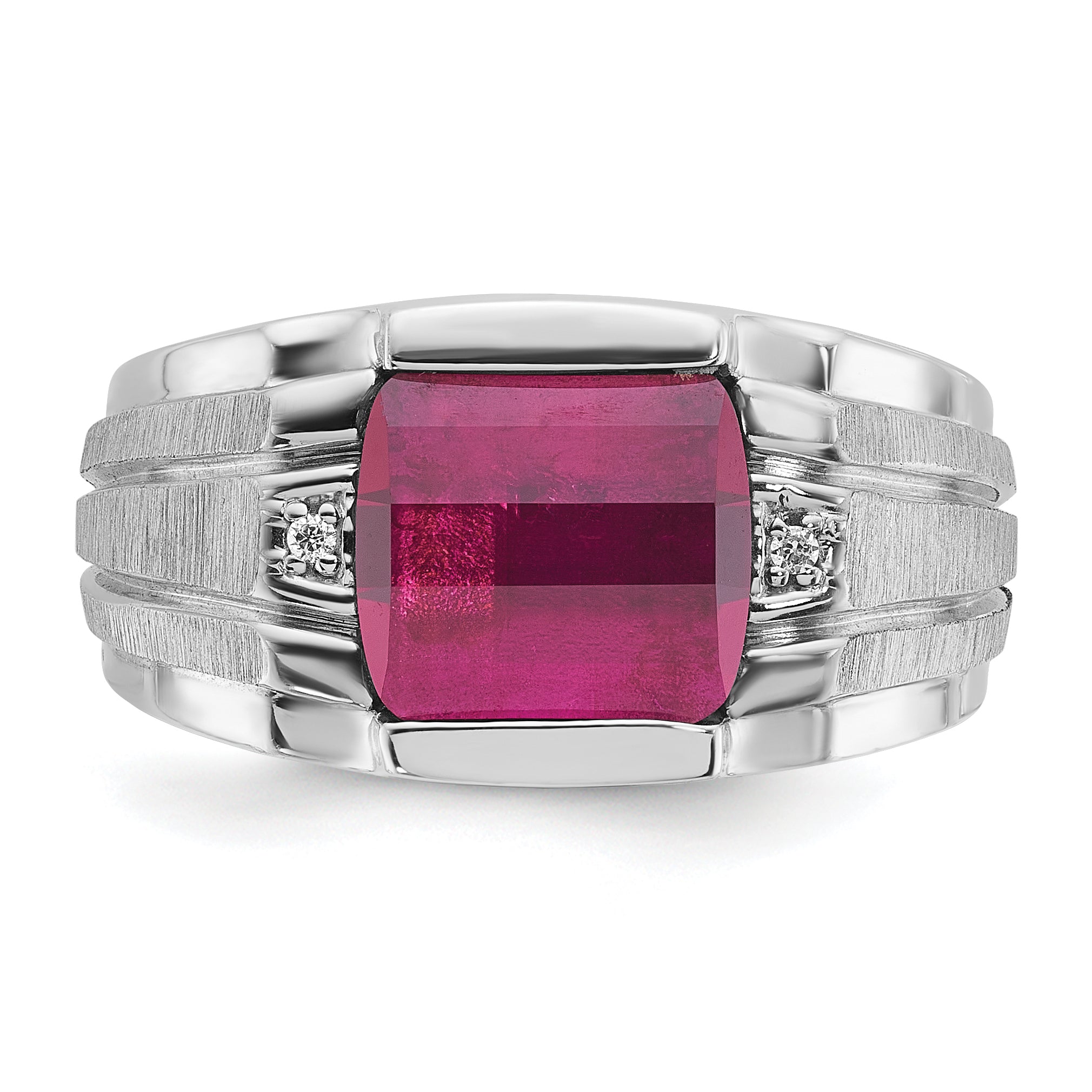 14k White Gold Mens Satin Barrel Lab Created Ruby and Diamond Complete Ring - Sophia Jewelers